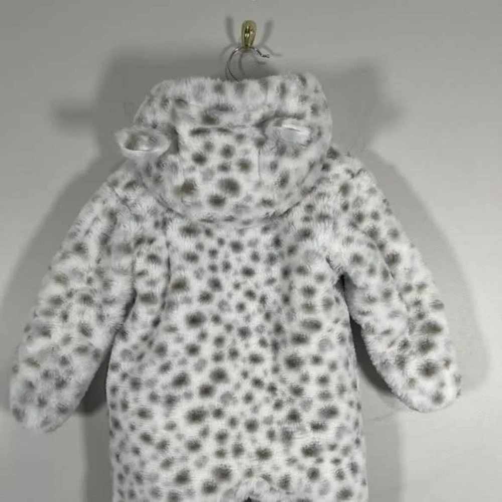 First Wish Snowsuit Baby Girl Infant 9-12 Mon Leopard Print Faux Fur Snow Bib‎